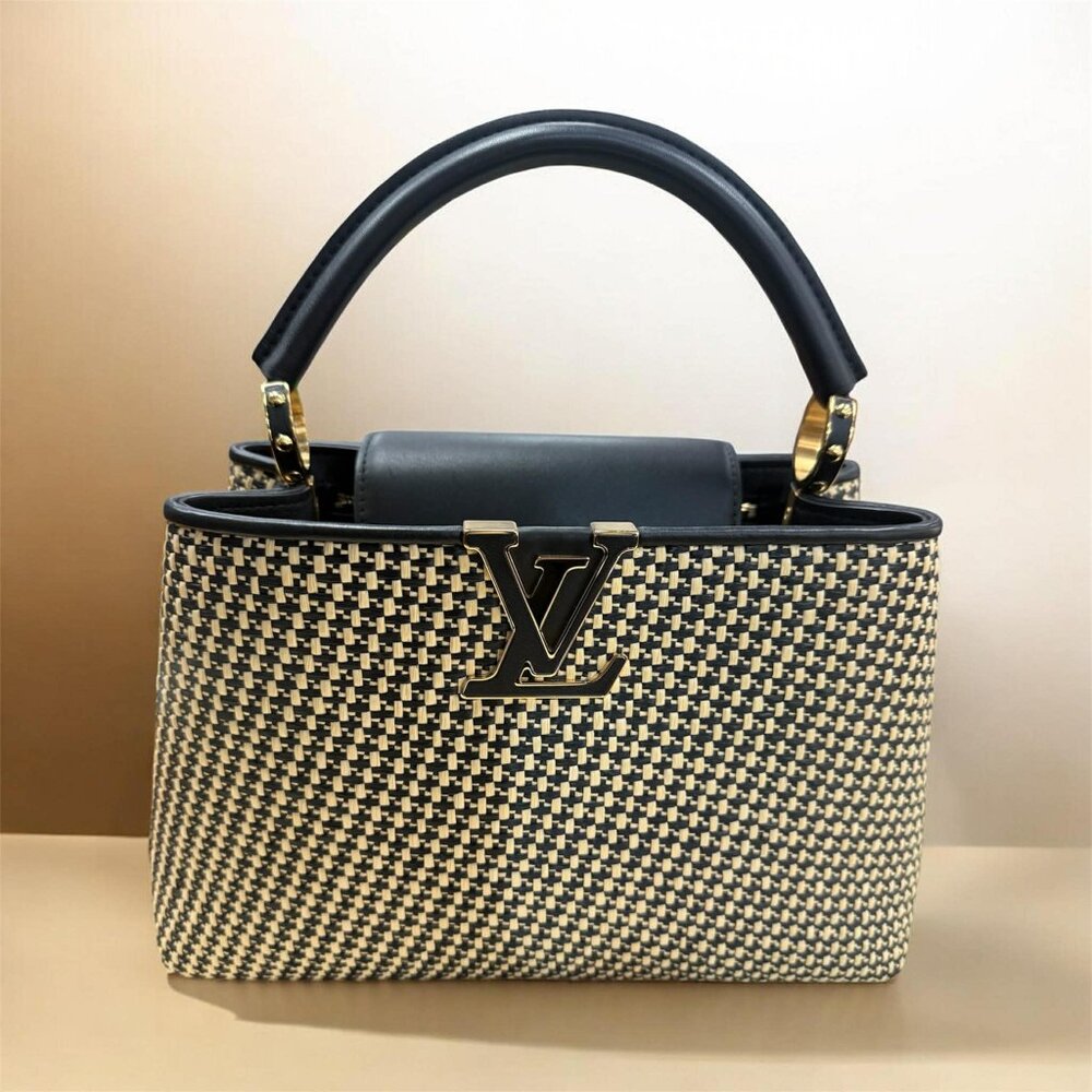 Louis Vuitton Raffia Calfskin Capucines MM Black Ecru